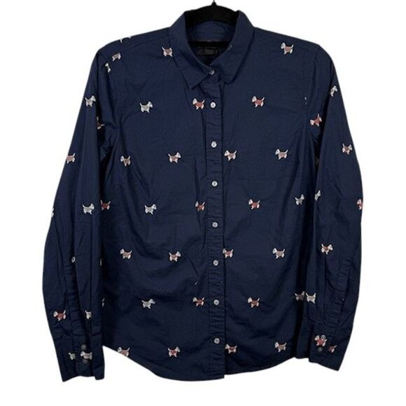 J. Crew Scottie Dogs Embroidered Button Front Shirt Navy Blue Slim Fit Size 8 - Picture 2 of 12
